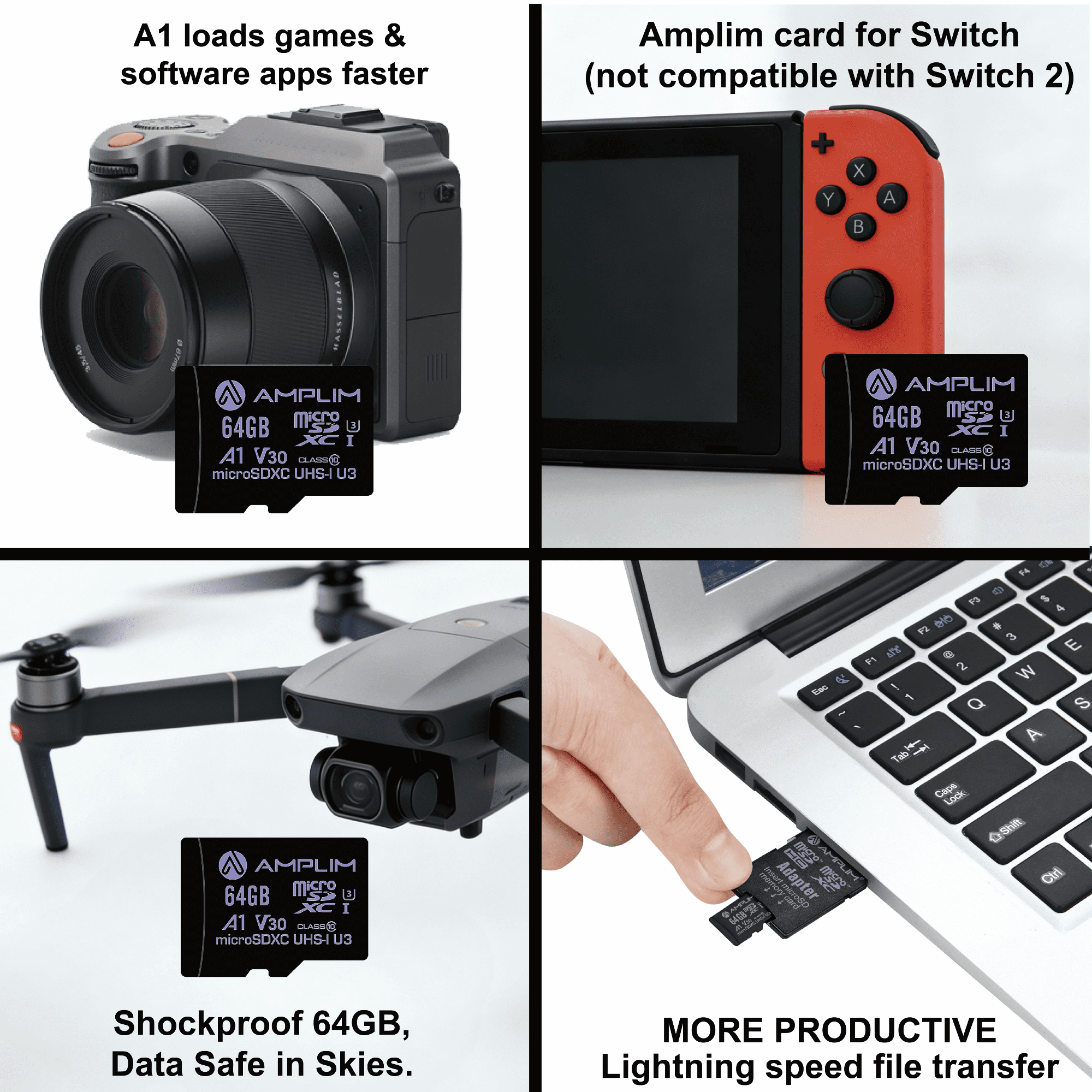 Amplim Micro SD Card 64GB | MicroSD Memory Plus Adapter | A1 MicroSDXC U3 Class 10 V30 UHS-I for Nintendo, GoPro Hero, Surface, Phone, Camera Cam, Tablet | Purple
