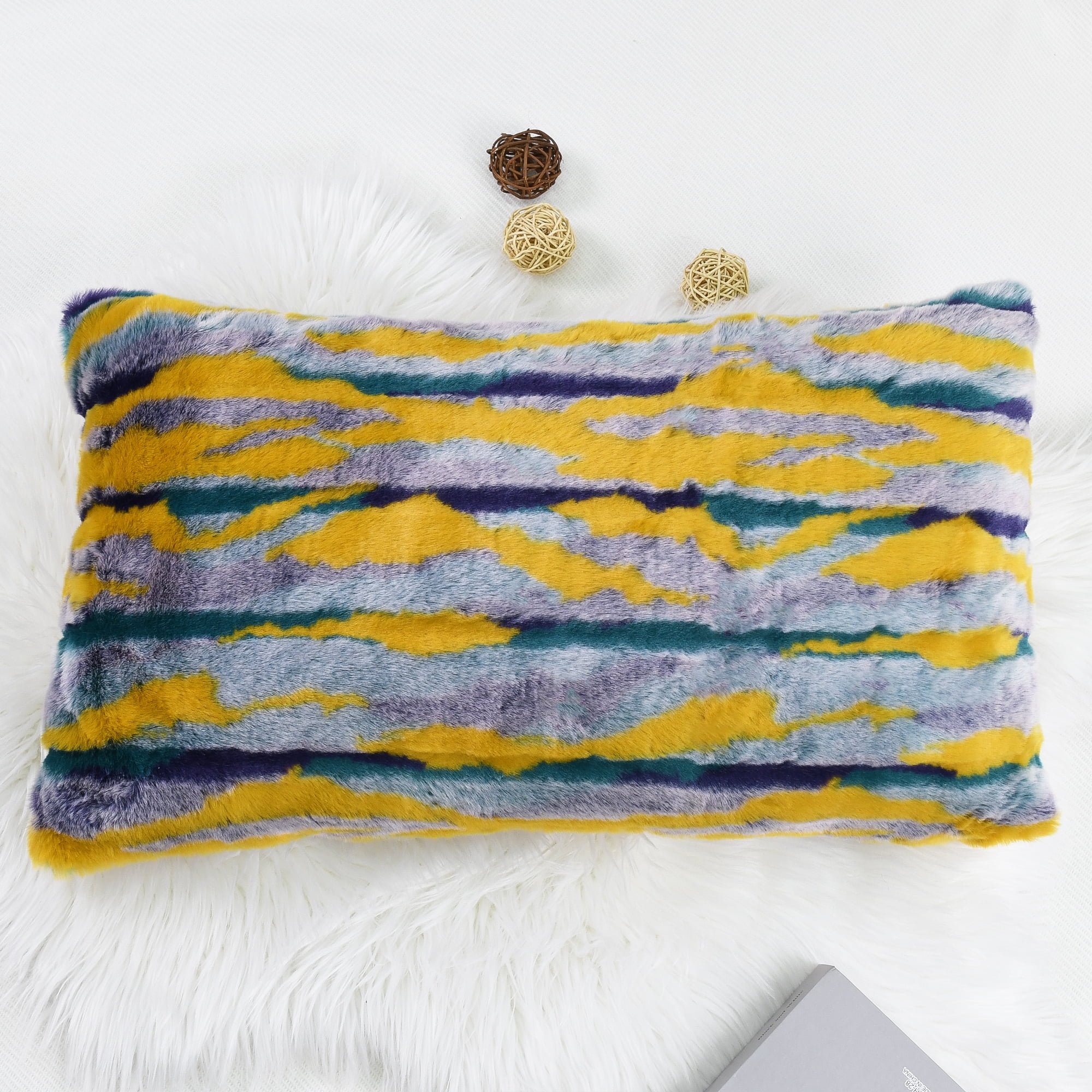 Home Soft Things Multi Jacquard Faux Fur Throw Pillow Cover 2pcs Set - Teal - 14'' x 26''
