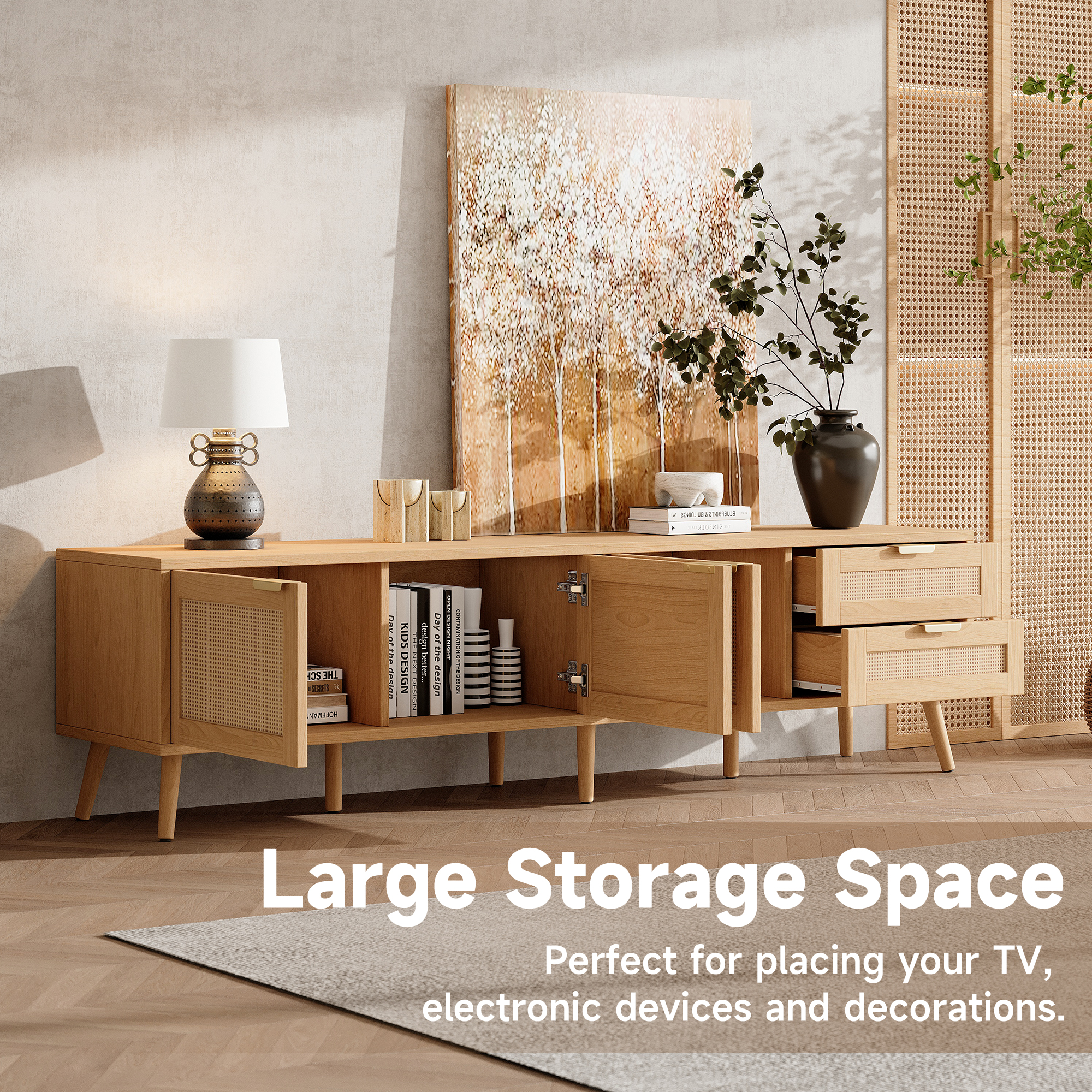 TV Stand for TVs up to 80 Inch, Rattan Entertainment Center with 2 Drawers & Storage Cabinets, Media Console with Solid Wood Legs for Living Room