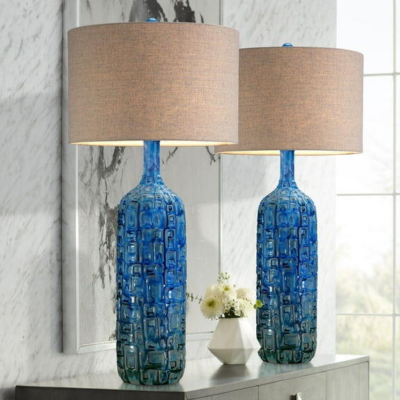 Possini Euro Design 36" Tall Large Mid Century Modern Farmhouse Rustic End Table Lamps Set of 2 Teal Blue Ceramic Living Room