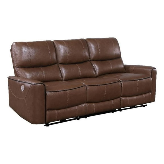 Pemberly Row Modern Faux Leather Power Reclining Sofa Saddle Brown