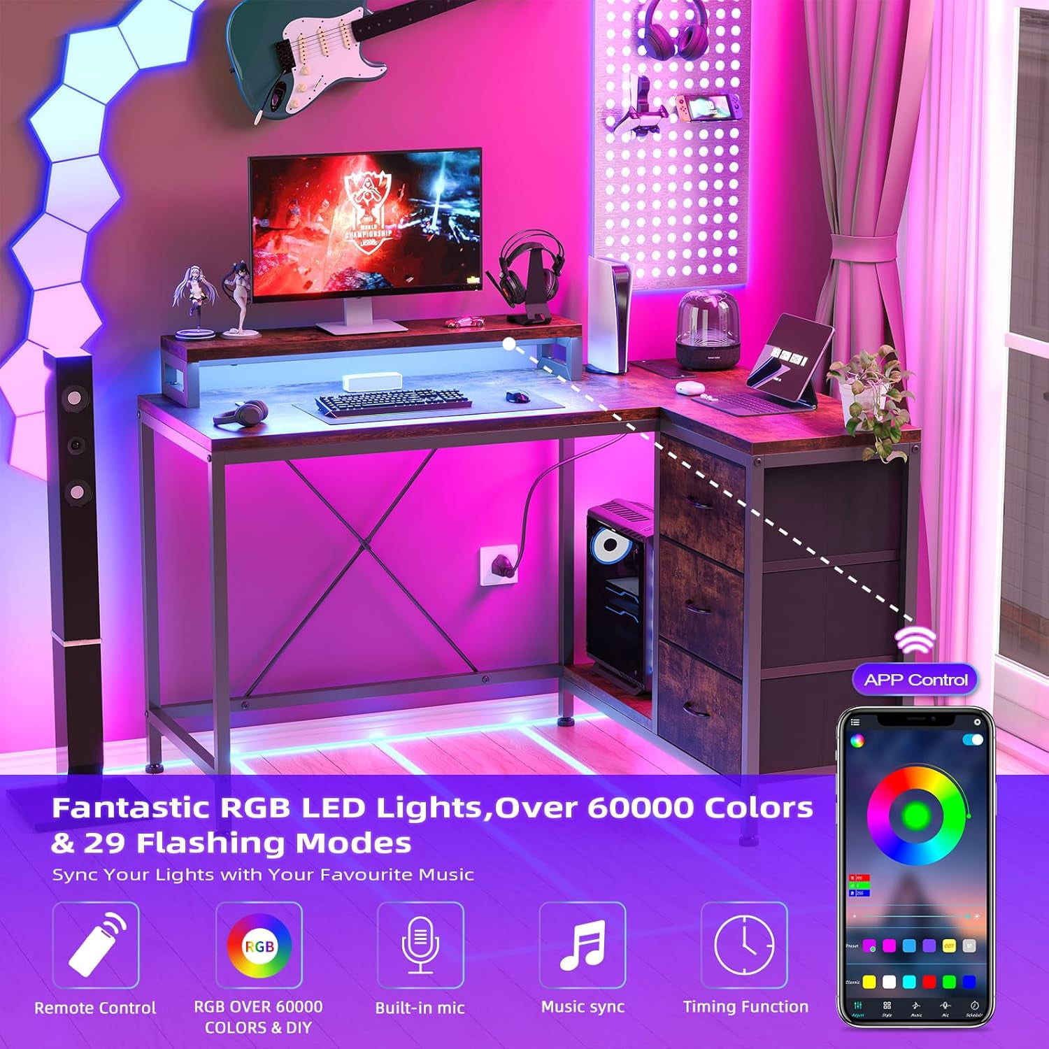 43" L-Shaped Computer Desk with 4 Power Outlets and 7-Color Led Lights, 3-Drawer Gaming Desk