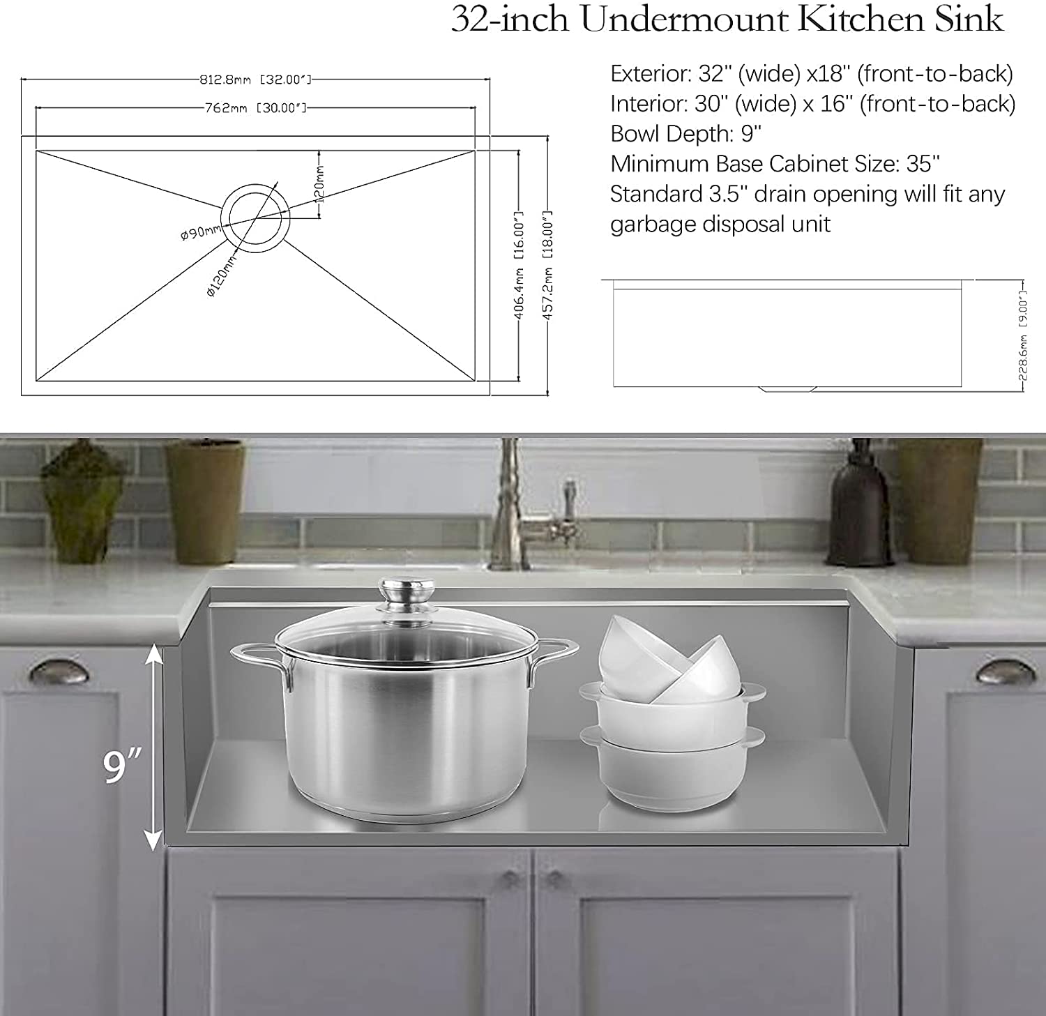 ALWEN 32 x 18 x inch Undermount 18 Gauge Stainless Steel Workstation  Single Bowl Kitchen Sink
