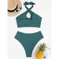 thumbnail image 4 of ZAFUL Women Swimsuit O Ring Ribbed Halter Keyhole Tankini Swimwear Deep Green M, 4 of 6