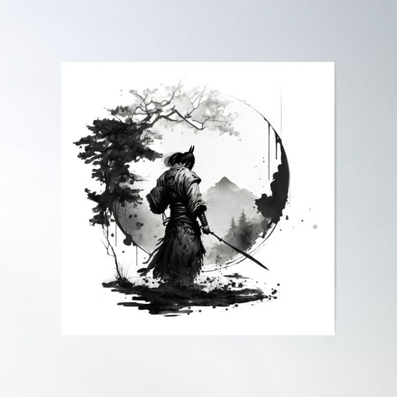 Sumi-E Art Samurai Poster Wall Art, Modern Wall Decor For Living Room Bedroom, 17x17 UNFRAMED