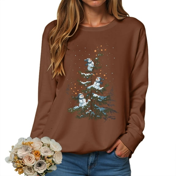 larppty Christmas Sweatshirt Women Cute Xmas Tree Snowman Print Graphic Pullover Sweater Winter Tops Party Casual Crewneck Clothes （Brown, L）