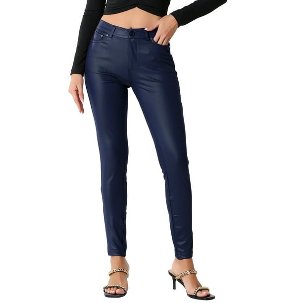 Pantalones de cuero sintético CURVY GLAM para mujer, de cintura alta, ajustados y elásticos, estilo motociclista, talla XL, color azul