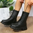 thumbnail image 3 of Rokment Mid Calf Combat Boots for Women Black White Leather Classic Leather Platform Chunky Riding Short Booties Black Size 6, 3 of 7