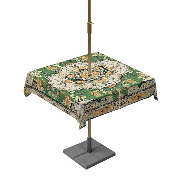 Outdoor Table Cloth with Umbrella Hole and Zipper, Green Waterproof Square Tablecloth 54"x54", Farmhouse Tribal Vintage Tribal Texture Washable Table Cover for Outside Party Patio Picnic