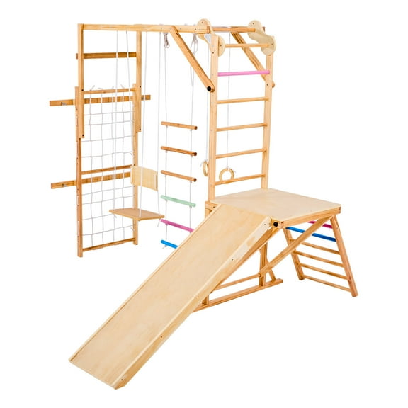 KFFKFF 8-in-1 Wooden Indoor Jungle Gym Playset, 220LBS Capacity, Montessori Climbing Toys with Swing, Slide, Monkey Bars, Gym Rings, Wooden/Rope Ladder, Climbing Net, and Bar