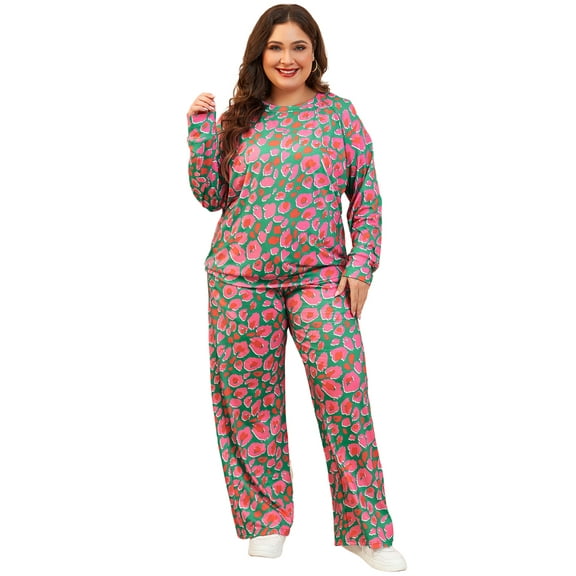 Plus Size Green Printed Long Sleeve and Pants Lounge Set | [ZhiHiMeRi] | (US 14W-16W)1X