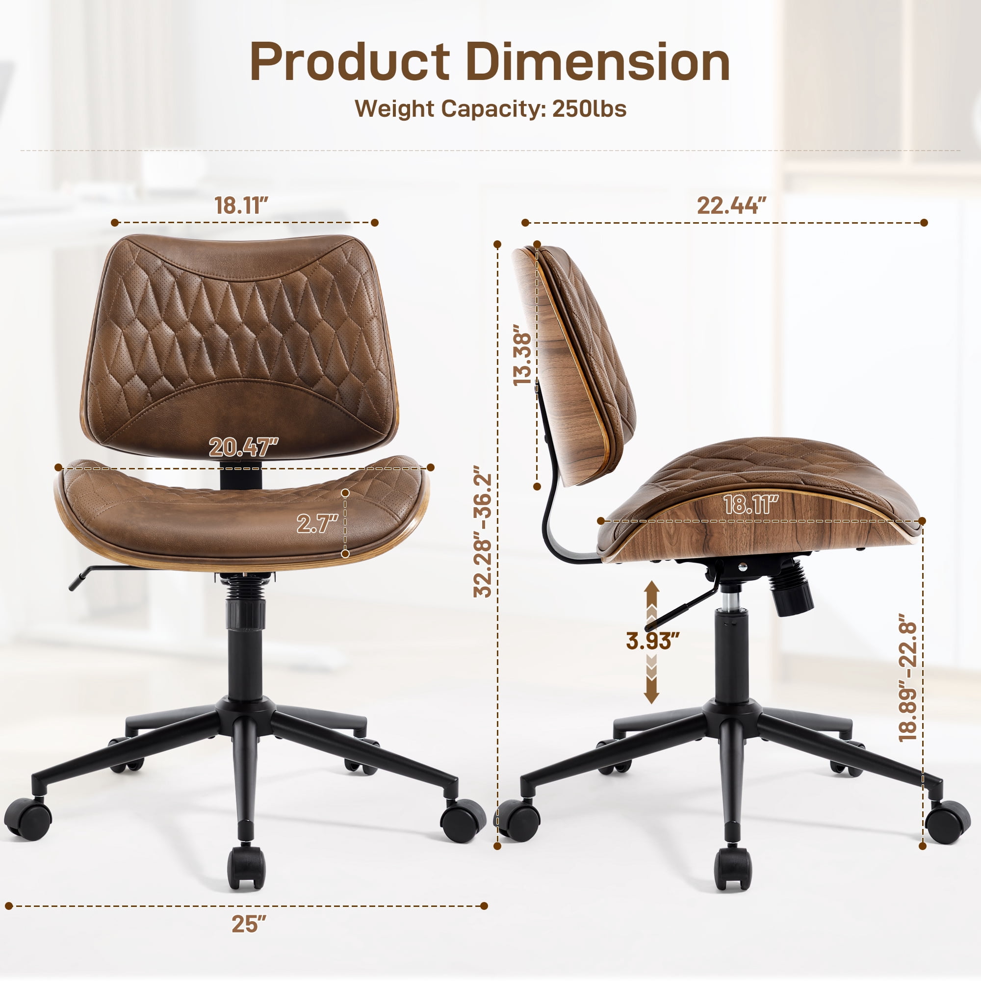 Home Office Desk Chair with Wheels, Armless Breathable PU Leather Office Chair, Swivel Ergonomic Computer Chair for Compact Space, Height-Adjustable Modern Walnut Chair with Rocking Function