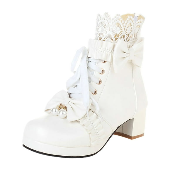 Bmisegm Womens Boot Women Winter Short Boots Front Lace up Ankle Boot Solid Color Lolita Shoes Boots for Women White 8