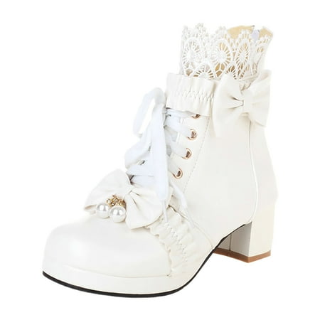 OJSFQUFP Women Ankle Boots Women Winter Short Boots Front Lace Up Ankle Boot Solid Color Lolita Shoes Comfortable Fall Shoes Dress Boots for Women White 37