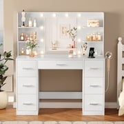 Furmax Makeup Vanity with Mirror and Drawers Vanity Desk Set with 3 Modes Adjustable Brightness Lights and USB Power Outlet, White