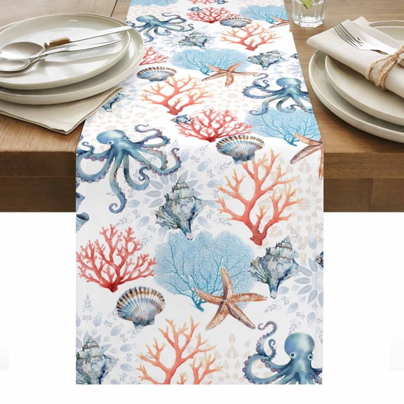 Coastal Ocean Table Runner - 48 Inch Long, Kitchen Dining Table Runner Dresser Scarves, Summer Beach Nautical Octopus Corals Farmhouse Decor for Coffee Tables Wedding Party Banquet