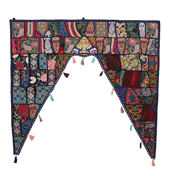 Stylo Culture Indian Cotton Swag Curtain Large Door Valance Bedroom Dark Blue Navy Vintage Embroidered Patch Work Floral Scarf Curtain Topper Home Decor Window Hanging Toran Gate | 45 x 41 Inches