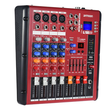 ammoon Digital 4-Channel Mic Line Audio Mixer Mixing Console 2-band EQ with 48V Phantom Power USB Interface for Recording DJ Stage Karaoke Music (Best Audio Interface Mixer)