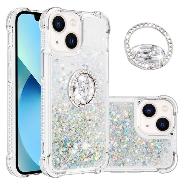 Funda para iPhone 15 con Brillo Líquido Flotante, Purpurina, Parachoques y Anillo Giratorio Soporte