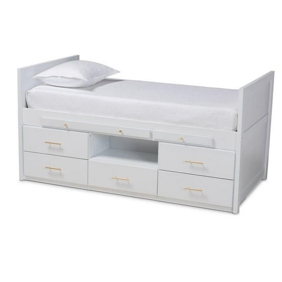 Bowery Hill White Finished Wood Twin Size Storage Bed with Pull-Out Desk