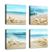 Ocean Decor Wall Art Canvas Pictures for Bathroom Decoration Modern Canvas Artwork Beach Shell Starfish Conch Pearl Teal Blue Bedroom Home Office Decor Framed Ready to Hang 12" x 12&q