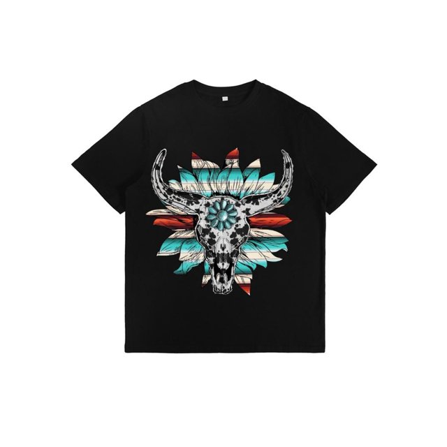 Camiseta con estampado de calavera bohemia, tops con estampado de girasoles y boho del lejano oeste, camiseta con estampado de calavera bohemia de piel de vaca, camisa del lejano oeste