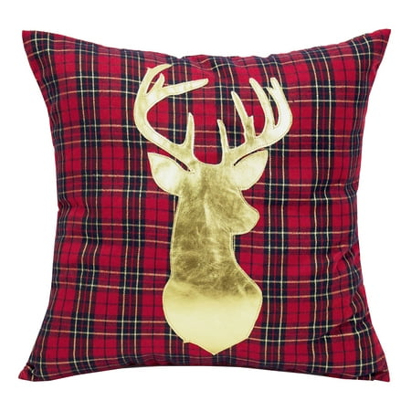 

Holiday Deer Tartan Plaid Ruffle Border Christmas Decorative Throw Pillow (17 x17 Gold Deer Case Only)