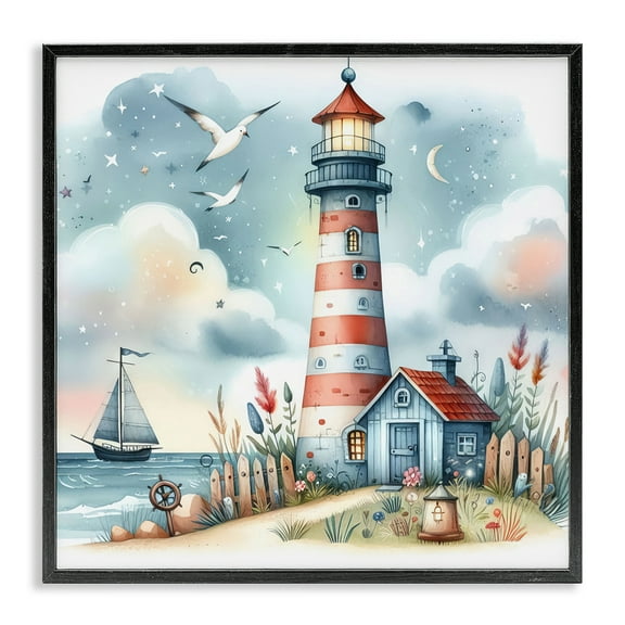 Stupell Industries Fun Maritime Lighthouse Nautical & Beach Painting Black Framed Art Print Wall Art, 12 x 12