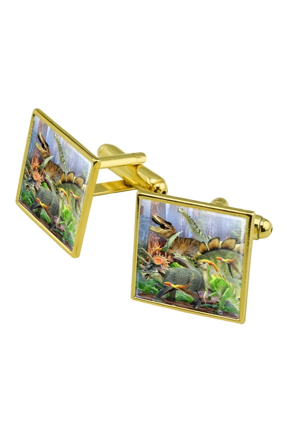 Triceratops T-Rex Stegosaurus Jurassic Dinosaurs Square Cufflink Set - Silver or Gold