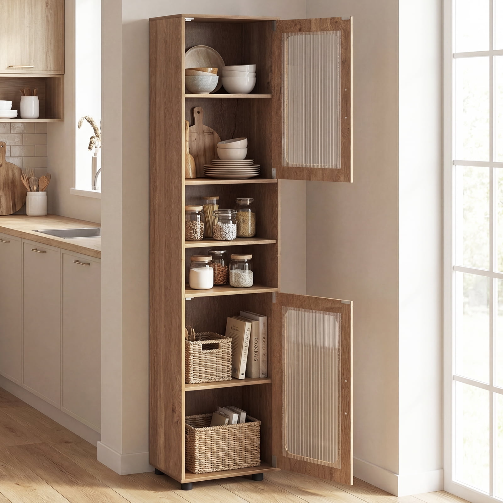 Giantex Tall Bathroom Storage Cabinet, Freestanding Storage Organizer w/Adjustable Shelf for Small Spaces, Natural