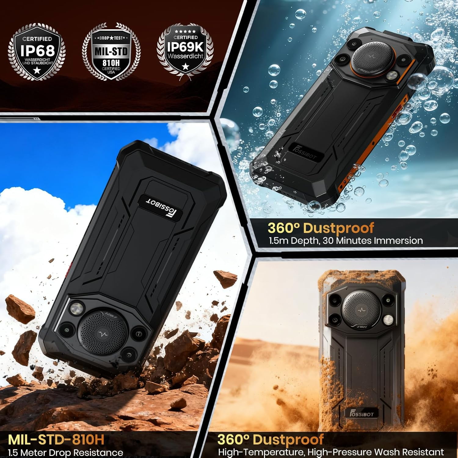 FOSSiBOT F110 Pro 8+20GB+128GB/1TBDimensity 6300 Octa-Core Android 15, Outdoor 5G Rugged Smartphone Unlocked, 10000mAh Battery, 50MP Camera, NFC, Smart Toolbox