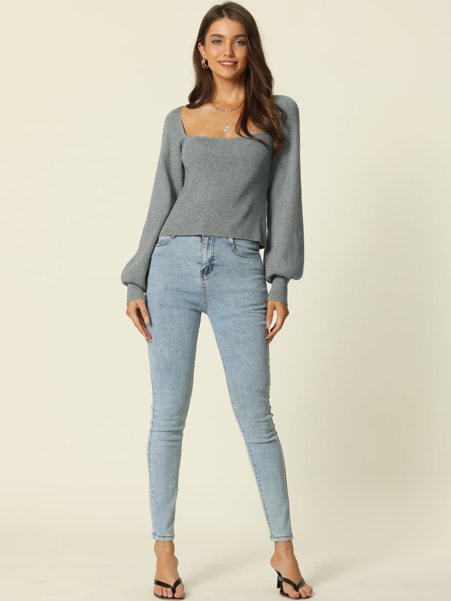 DARING DIVA Square Neck Ribbed Knit Pullover Sweater Top XL Gray