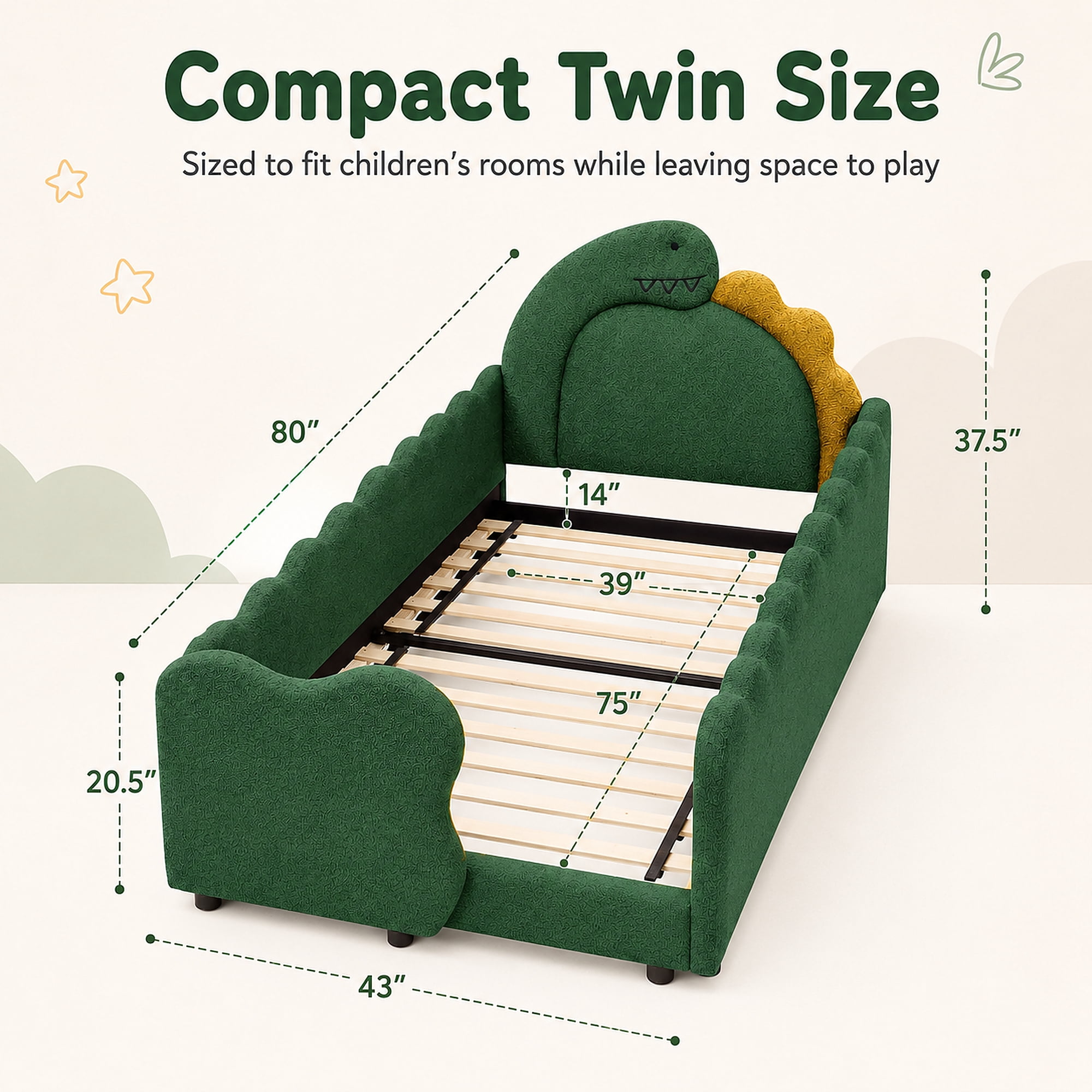 Miniyam Kids Twin Bed Frame, Boucle Upholstered Dinosaur Bed with Guardrails, Wood Slats, Green