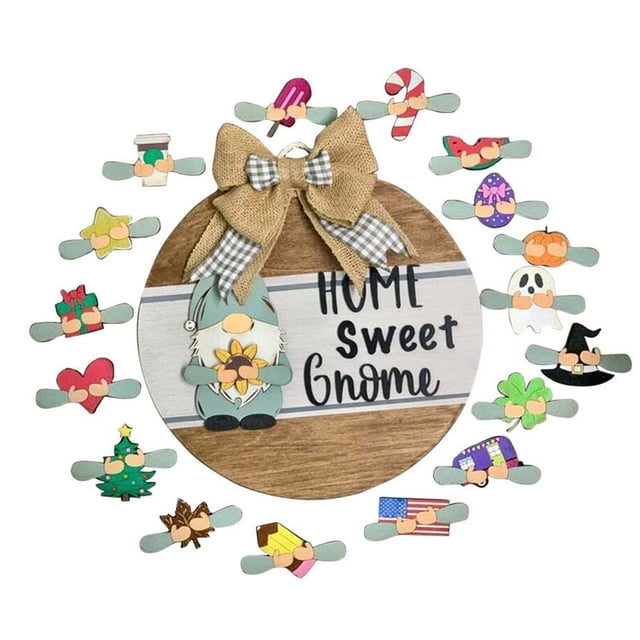 COM1950s Welcome Sign for Front Door, Welcome Sign for Front Porch, Gnome Door Hanger Welcome Sign with Interchangeable Holiday, Interchangeable Welcome Sign, Gnome Door Hanger
