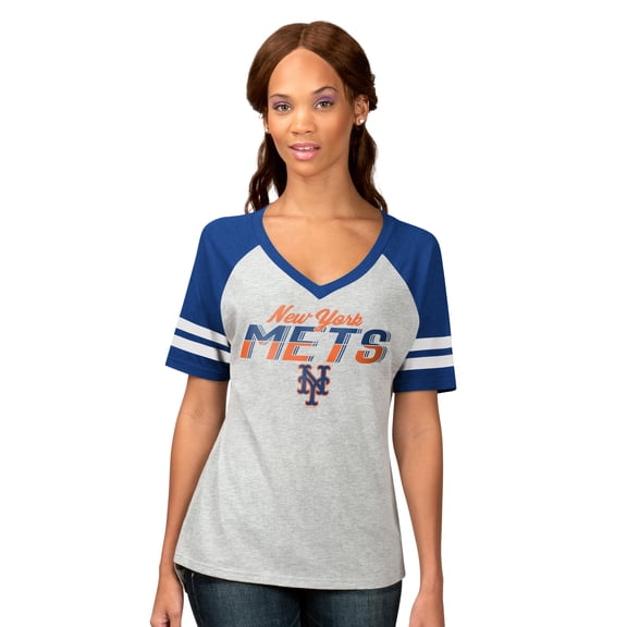 Women's G-III 4Her by Carl Banks Heather Gray New York Mets Goal Line Raglan V-Neck T-Shirt