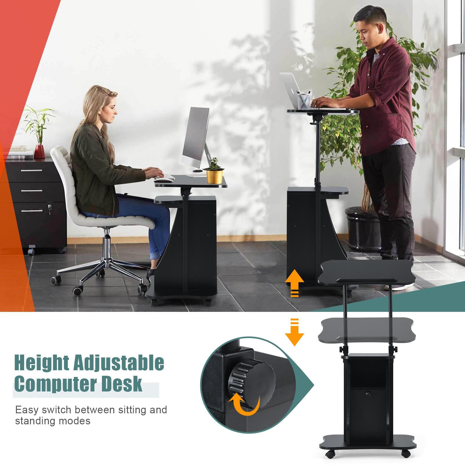 Giantex Mobile Sit to Stand Desk, Height Adjustable Standing Desk w/Tilting Desktop & Storage Cabinet, Ergonomic Rolling Laptop Desk, Home Office Computer Workstation on Wheels(2)