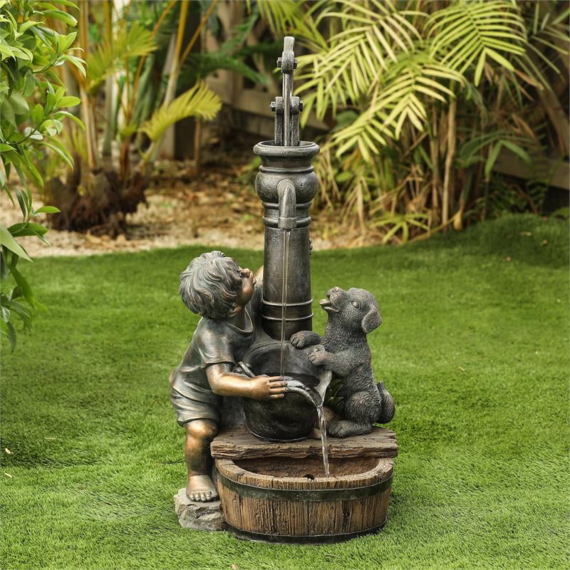 LuxenHome Polyresin Water Pump Boy and Dog Outdoor Fountain Walmart Canada