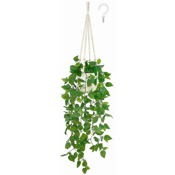 Planta colgante artificial Mkono Pothos con maceta y colgador de macramé