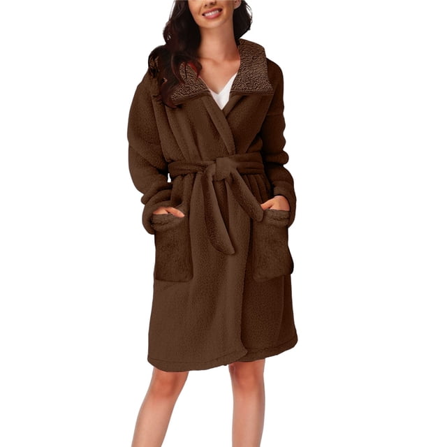 WZXFASHION Pyjama à Capuche pour Femmes Automne/hiver Peignoir Thermique en Peluche Robe de Nuit WomenRobes Café TTG