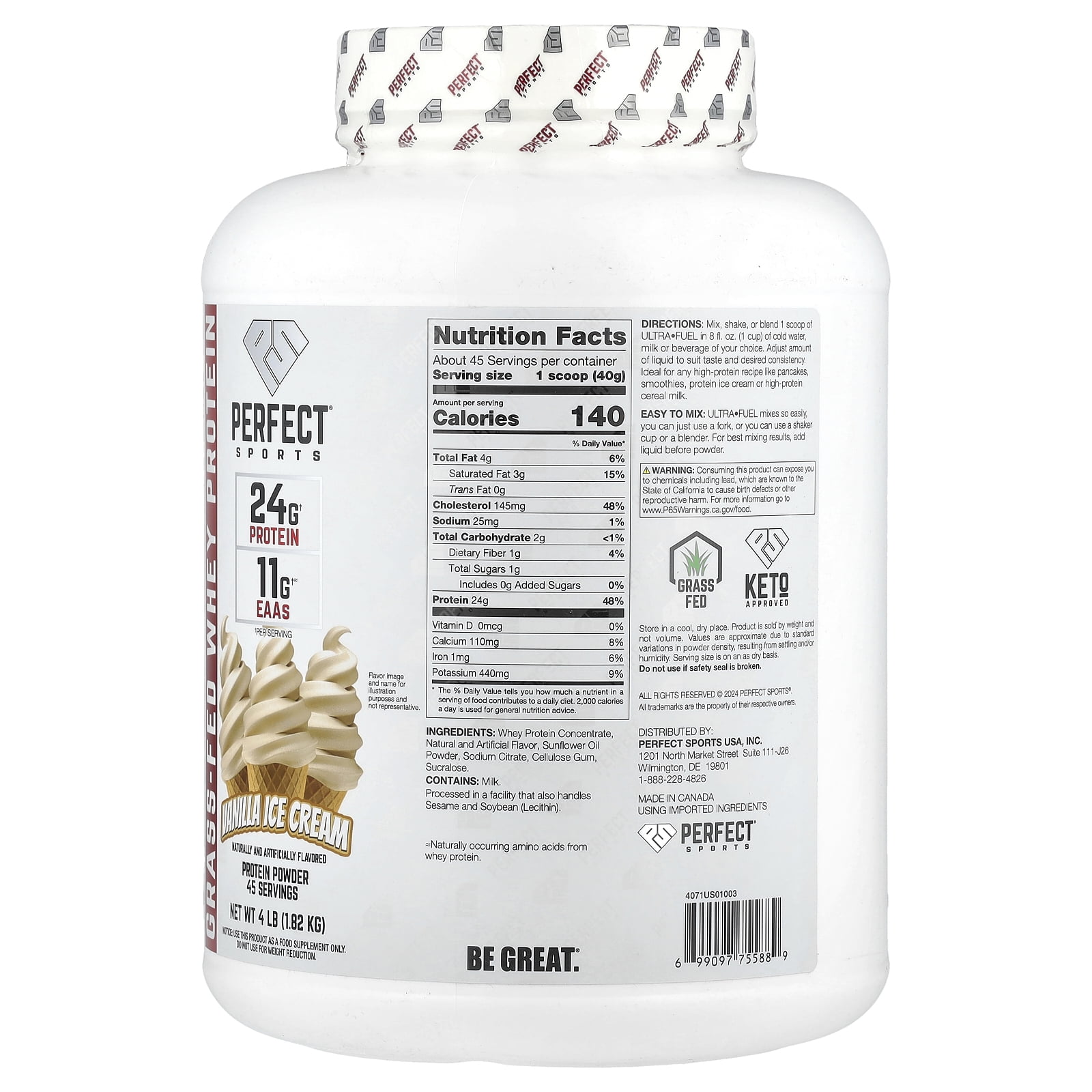 PERFECT Sports Ultra Fuel, Grass-Fed Whey Protein, Vanilla Ice Cream, 4 lb (1.82 kg)