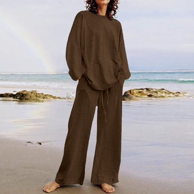 EGNMCR Women 2 Piece Linen Outfits Solid Color Long Sleeve Suit Drawstring Wide Leg Pants with Pockets Womens Lounge Sets