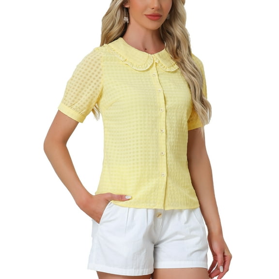 INSPIRE CHIC Women's Peter Pan Collar Ruffled Trim Gingham Button Down Blouse L Yellow