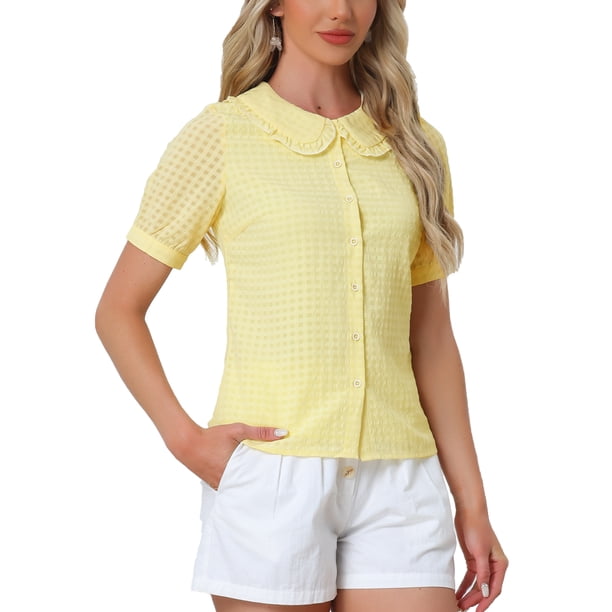 Blusa de botones con cuello Peter Pan y volantes de la edición INSPIRE CHIC para mujer en cuadros amarillos