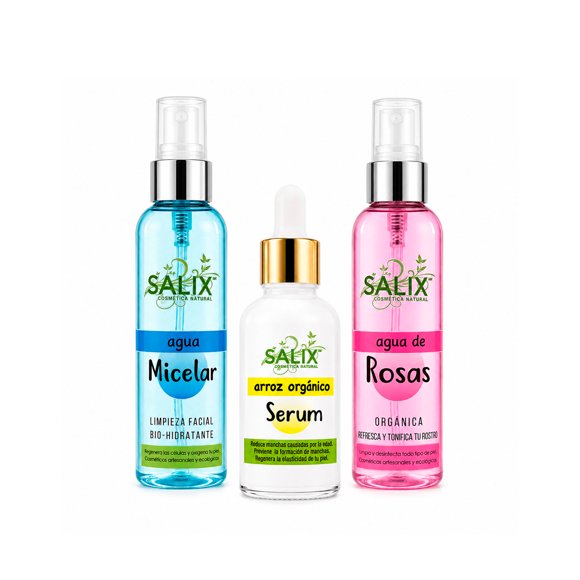 Salix Kit Limpiador Skincare Agua Micelar Agua de Rosas y Serum Arroz