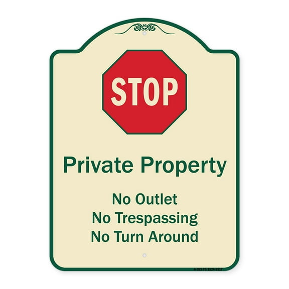 SignMission A-DES-TG-1824-9917 18 x 24 in. Designer Series Sign - Private Property No Outlet No Trespassing or Turn Around with Stop Symbol, Tan & Green