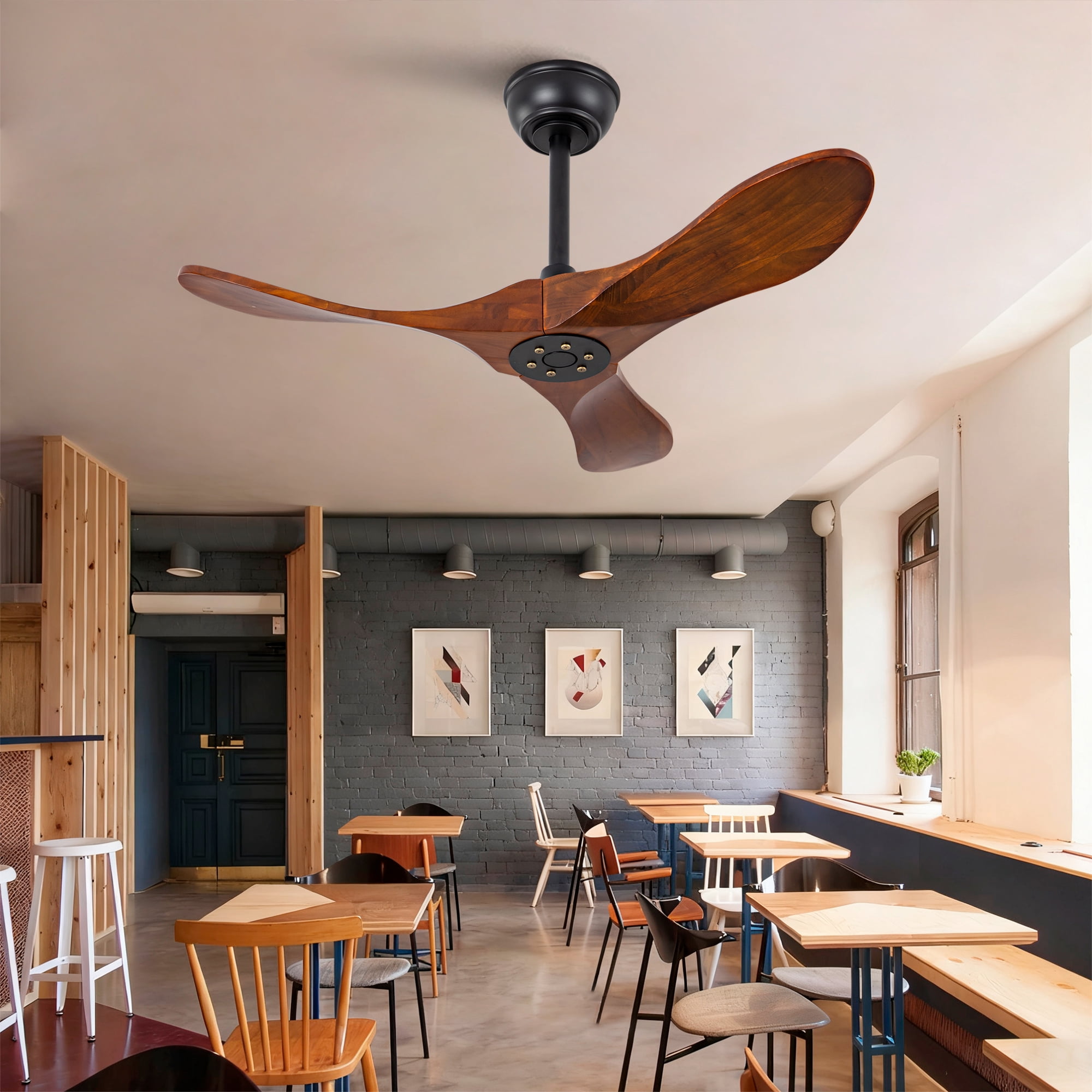 Ceiling Fan No Light, 36 Inch 3 Blades Solid Wood Outdoor Fan with Remote Control for Patio Living Room Bedroom, Black Dark Walnut