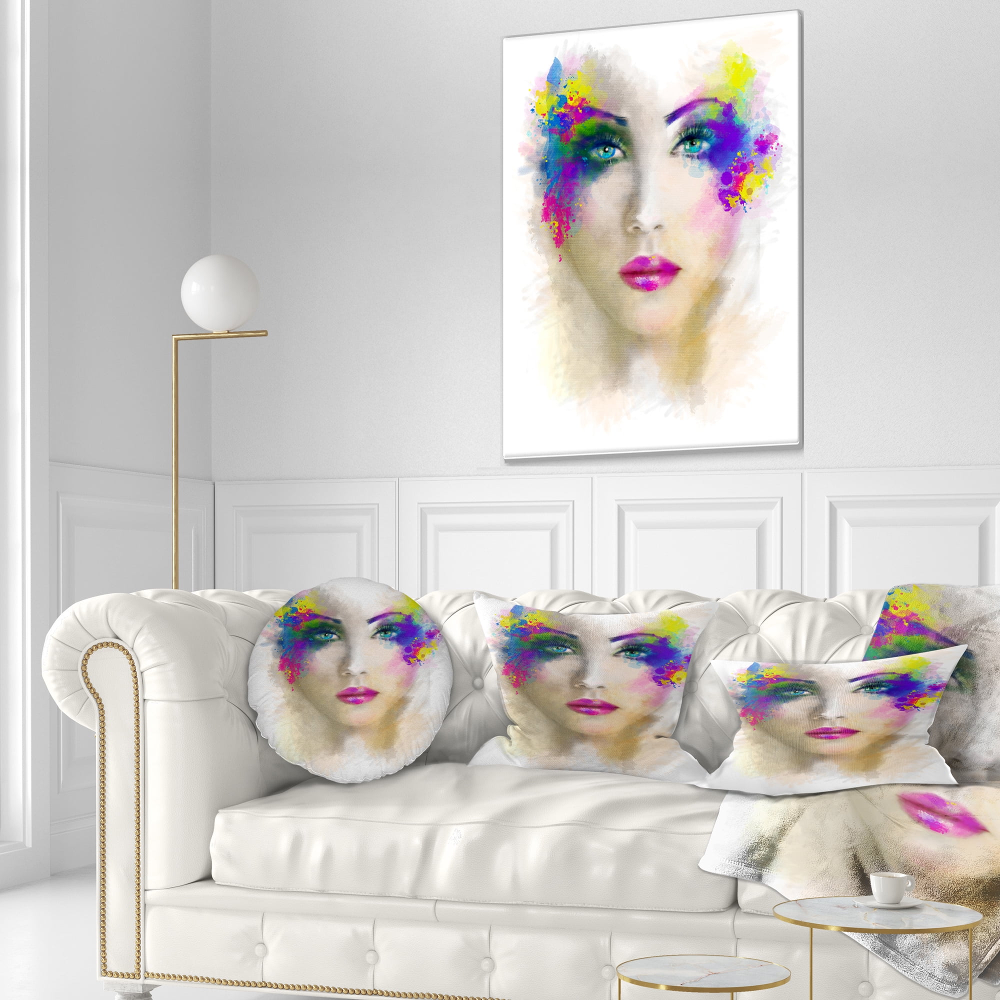 Designart Fantast Woman with Blue Flowers - Abstract Portrait Throw Pillow - 12x20