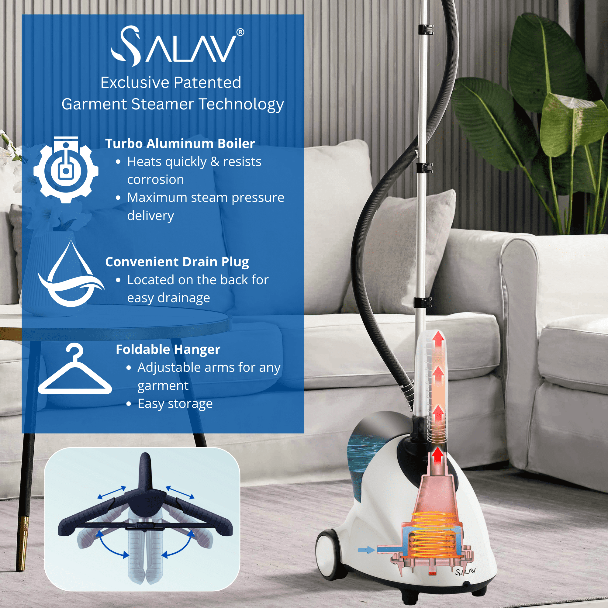 Open Box SALAV Continuous Steam Upright Standing Garment Steamer with Extra Large Water Tank White