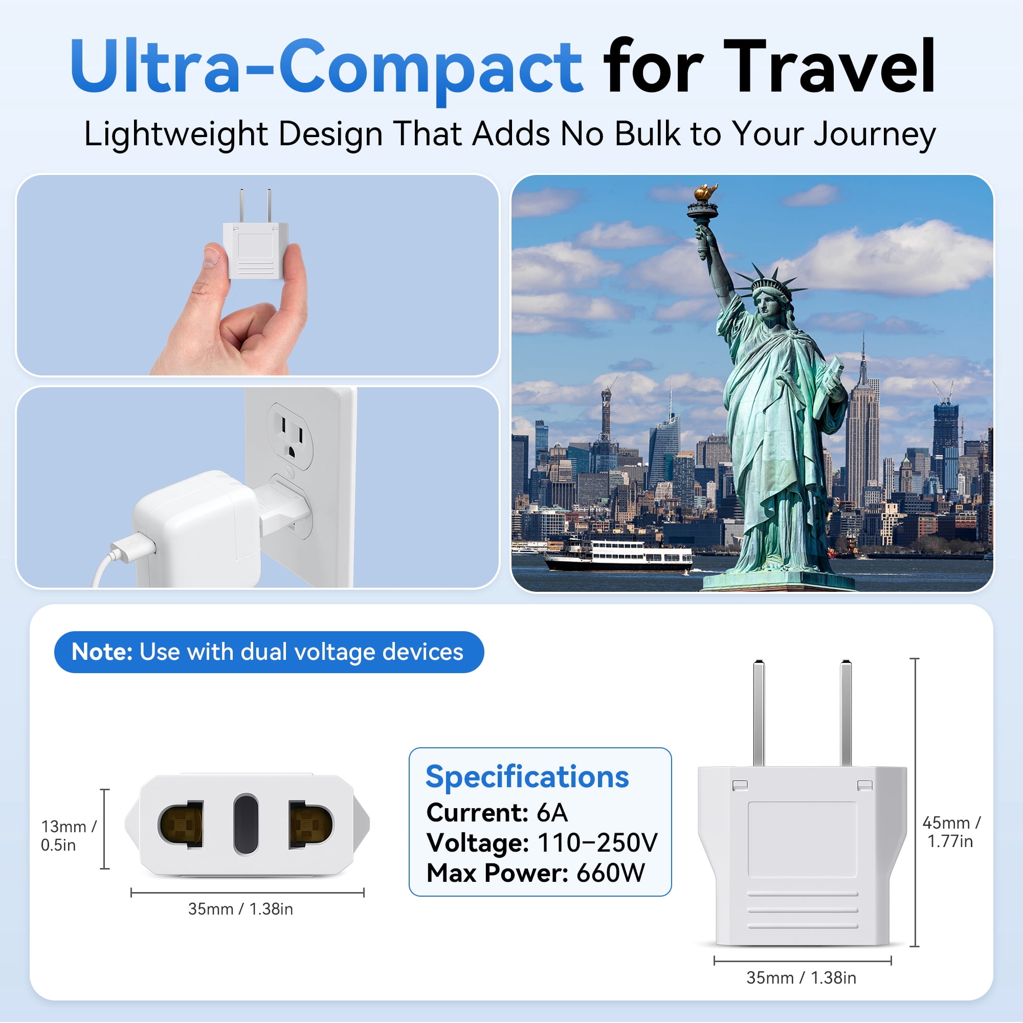 Unidapt EU to US Plug Adapter 2-Pack ? European to American Power Converter for Travel, Home & Office