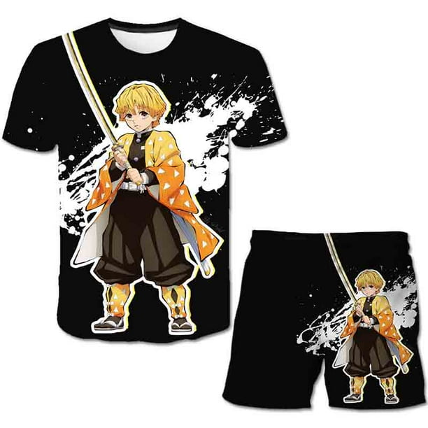 Conjuntos de ropa de Demon Slayer de verano para niños y niñas, camisetas informales estampadas + Pantalones cortos, ropa nueva para niños, 2 piezas/Trajes de ocio 14T Gao Jinjia LED